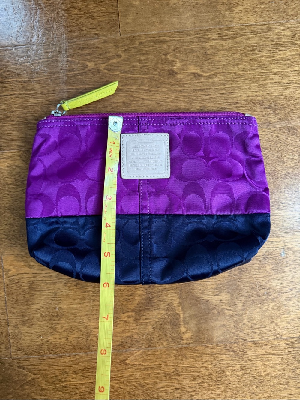 Coach Two-Tone Satin Logo Cosmetic Pouch in Purple, Navy & Neon Yellow - Picture 8 of 11